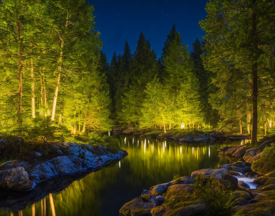 Tranquil Night Forest with Illuminated Trees and Starry Sky