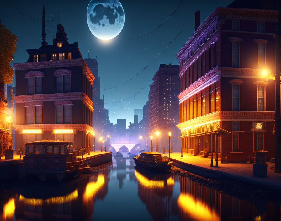 Moonlit Buildings Along Calm Canal at Night