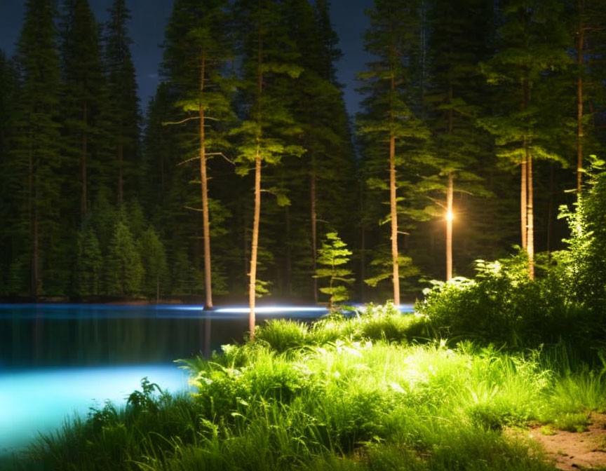 Tranquil Nighttime Forest Edge and Blue Lake Scene