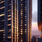 Rain-soaked evening cityscape: skyscrapers, glowing windows, vibrant reflections.