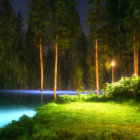 Tranquil Nighttime Forest Edge and Blue Lake Scene