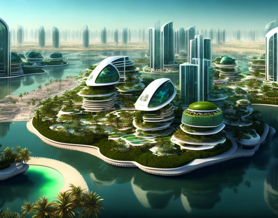 Futuristic cityscape with high-tech buildings and greenery on an island