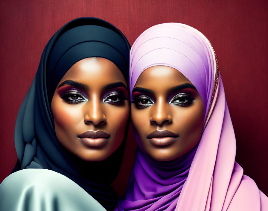 Vibrant makeup on two women in hijabs against red backdrop