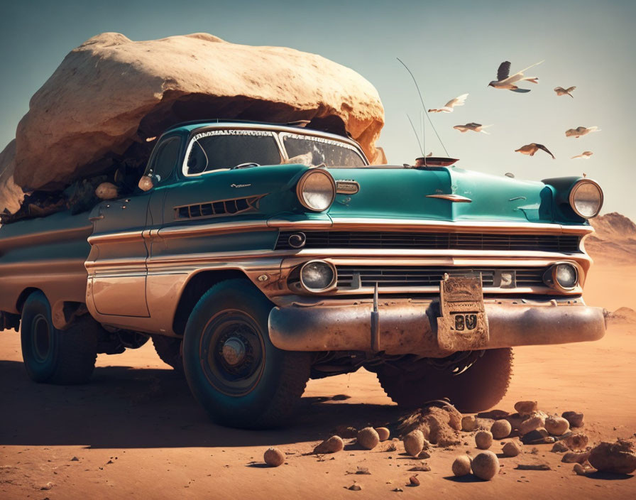 Vintage Teal Car Covered in Rust and Dust in Desert Scene