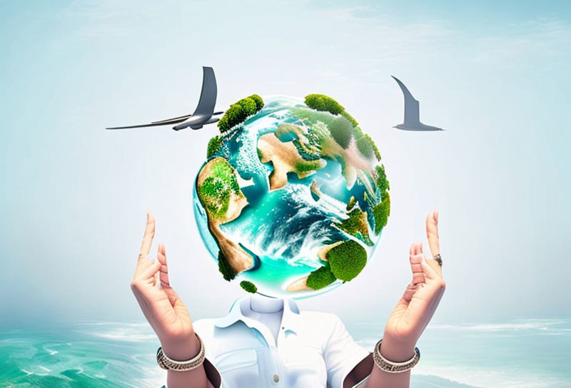 Hands holding globe with natural elements and birds against cloudy sky