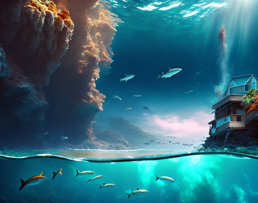 Split View of Underwater Scene with Fish and Coastal House