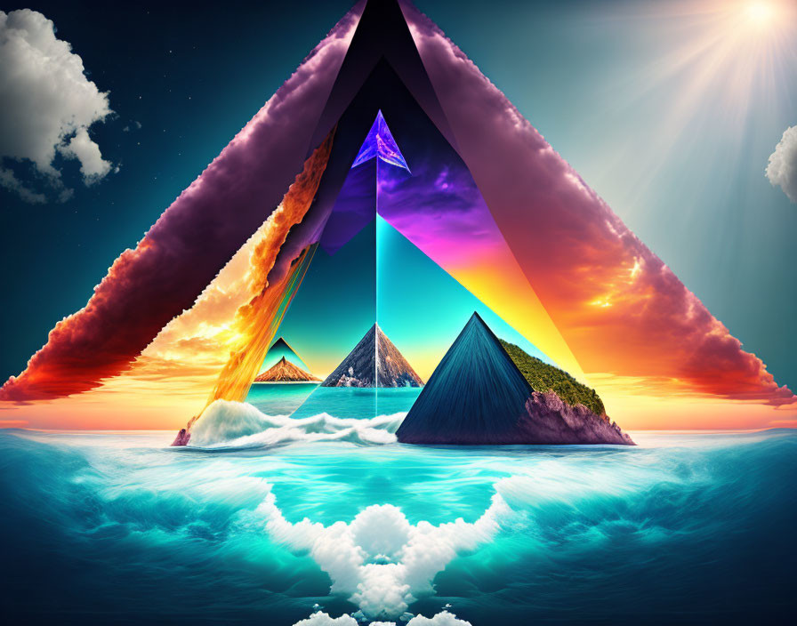 Colorful surreal landscape with triangular portal, mountains, lava flow, ocean waves, and dynamic sky.