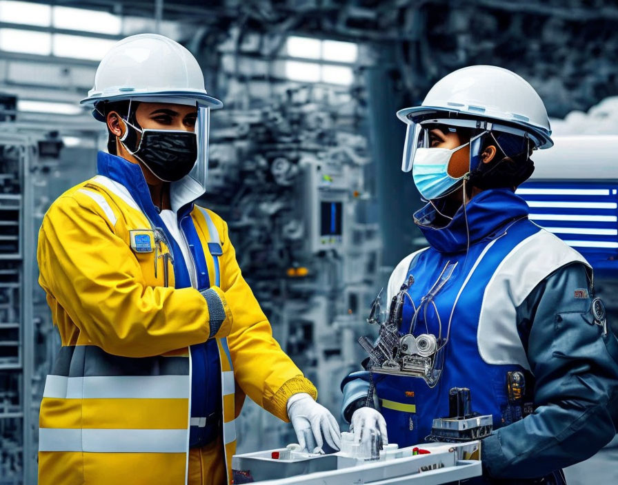 Industrial workers in hard hats and vests discussing at factory control panel