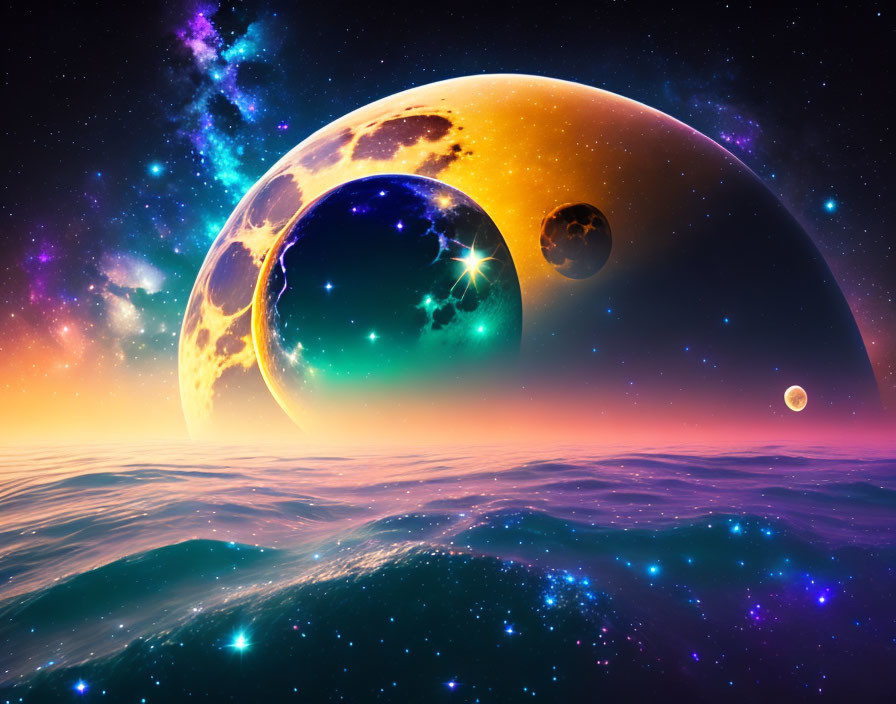 Colorful cosmic scene: large moon, ocean, celestial bodies, nebula sky