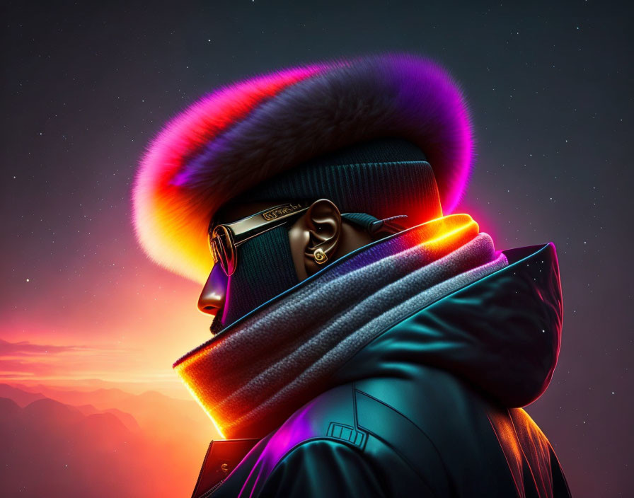 Neon glowing edges on person's fur hat and collar against sunset sky