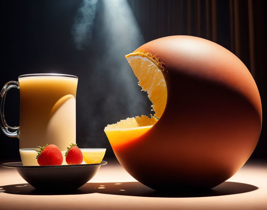 Steaming beverage with strawberries and chocolate sphere with orange slice on dark background