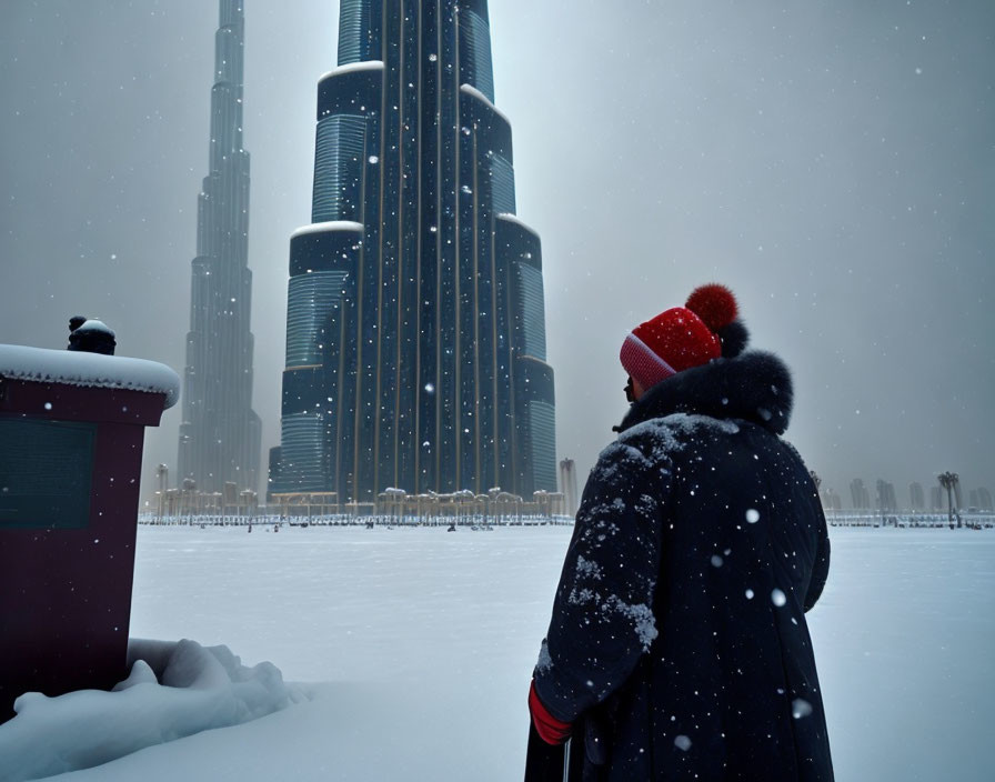 Person in winter clothes gazes at Burj Khalifa in snowfall