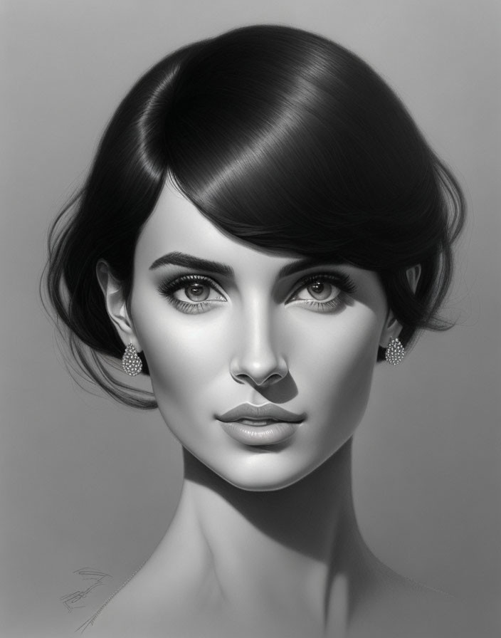 Monochromatic digital portrait of a woman with classic hairstyle and elegant earrings