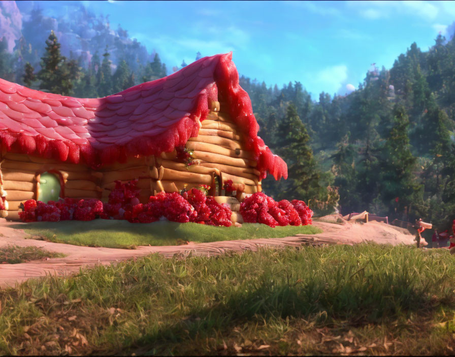 Whimsical animated cottage with red candy roof in lush forest