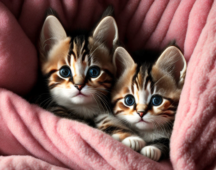 Two cute kittens with unique markings cuddled in pink blanket