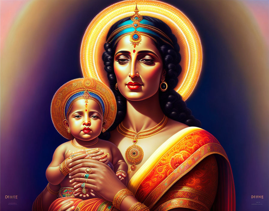 Illustration of woman in Indian attire with baby and halos on purple backdrop