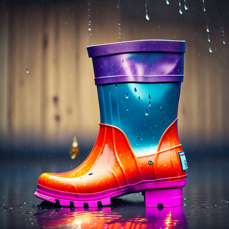 Vibrant gradient rain boot with water droplets on wet surface