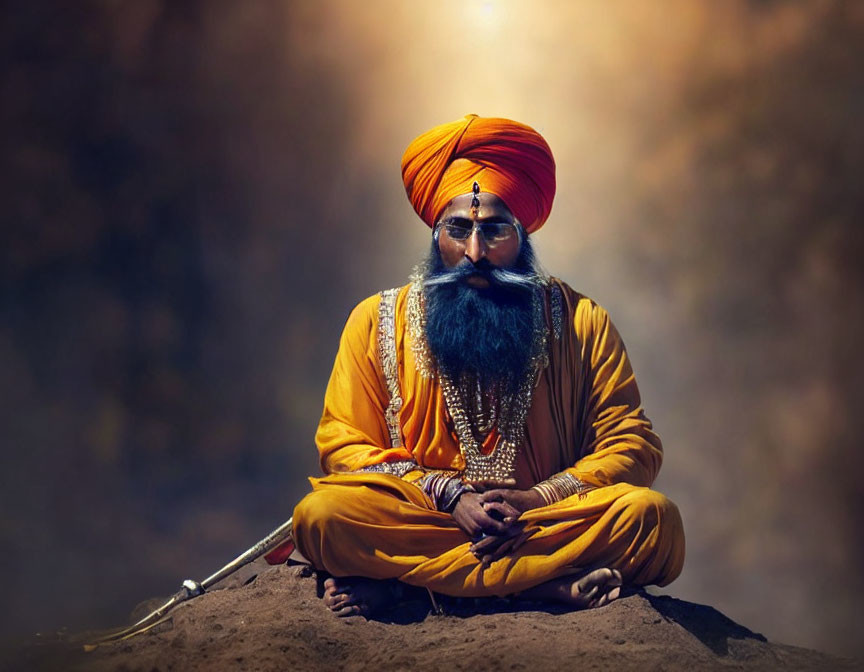 Sikh man in traditional attire meditates against mystical backdrop