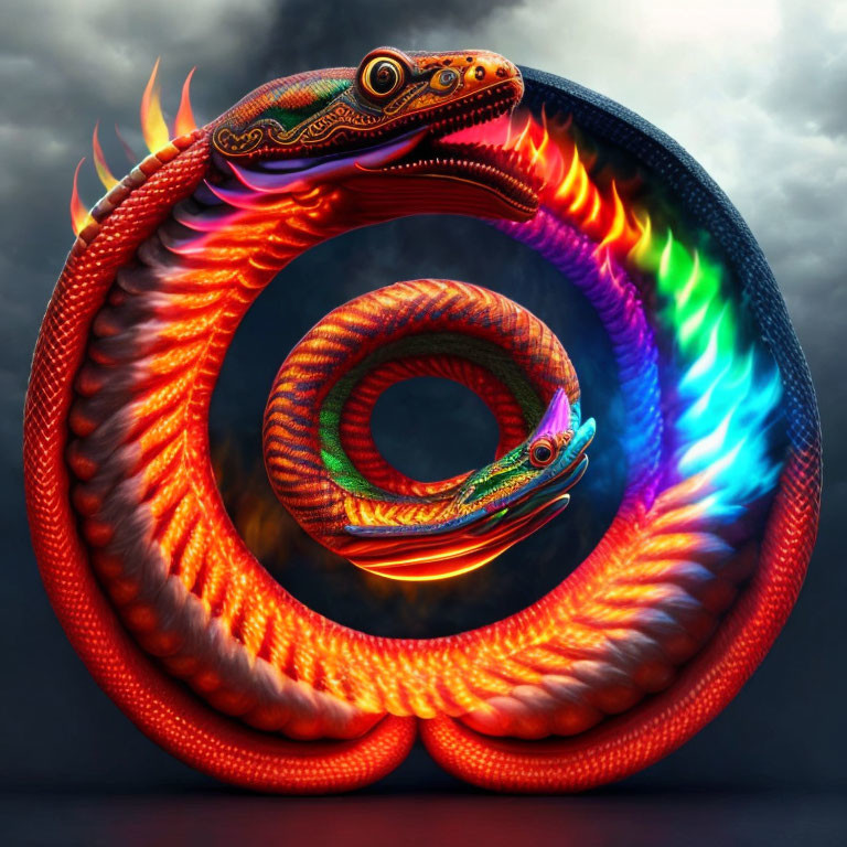 Vivid digital artwork: Ouroboros snake with fiery colors on stormy sky