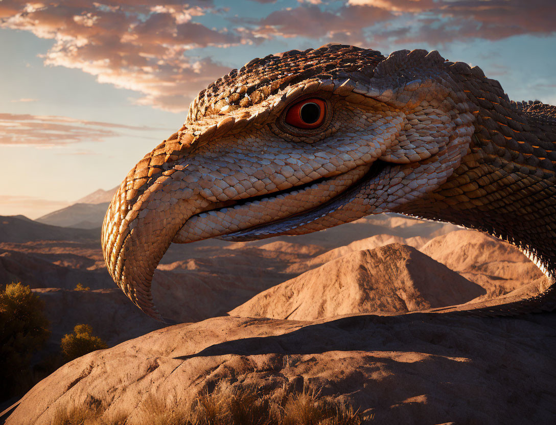 Realistic CGI Velociraptor Head with Detailed Scaly Texture in Desert Sunset