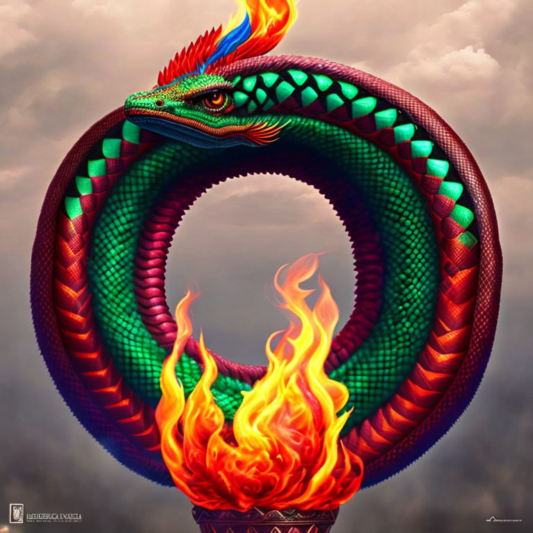 Mythical serpent in ouroboros formation on flaming torch against cloudy sky