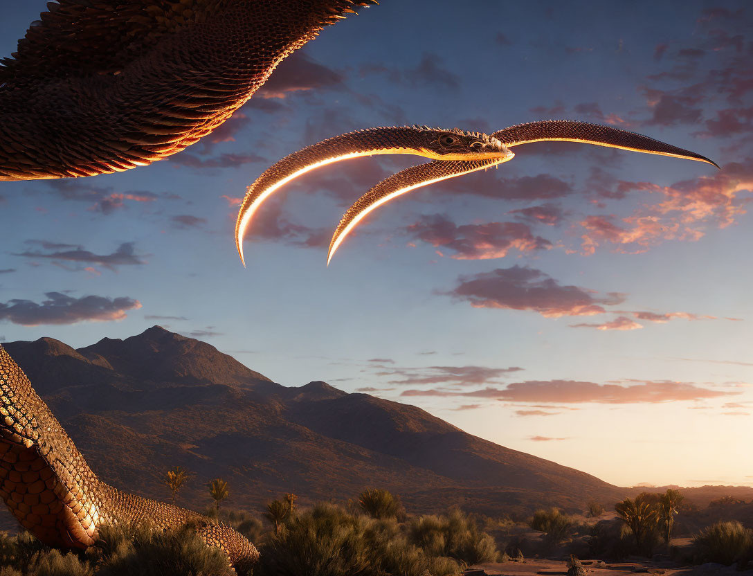 Digital artwork of glowing serpentine creature flying over desert at sunrise/sunset