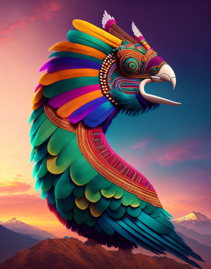 Vibrant digital artwork: Bird with colorful feathers, mountains, sunset sky