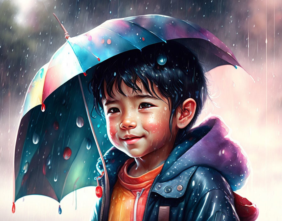 Child with colorful umbrella sheltered from raindrops