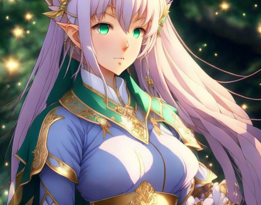 Anime-style female character with green eyes and long purple hair in blue and gold traditional outfit surrounded by sparkling