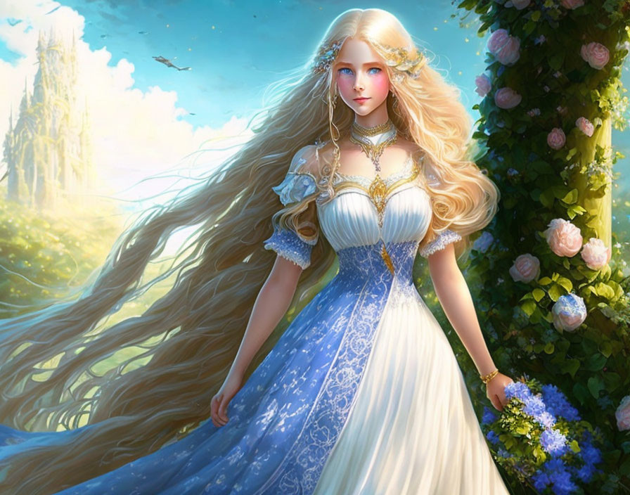 Fantasy artwork: Woman with blonde hair in blue gown in sunny landscape