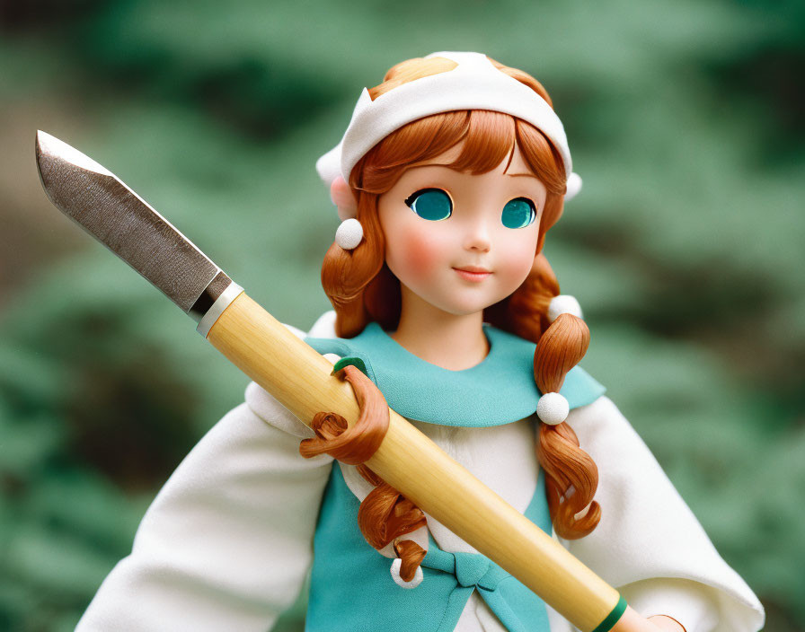 Close-up of doll with braided hair, wooden paintbrush, white outfit, teal accents, ber