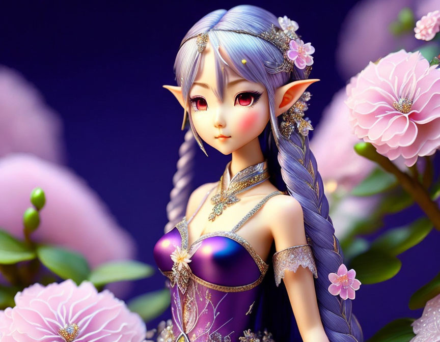 Lilac-haired elf with pointed ears and amber eyes in floral setting