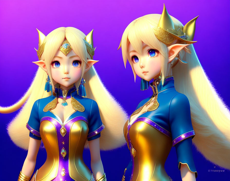 Blond-haired elf characters in blue and gold outfits on purple background