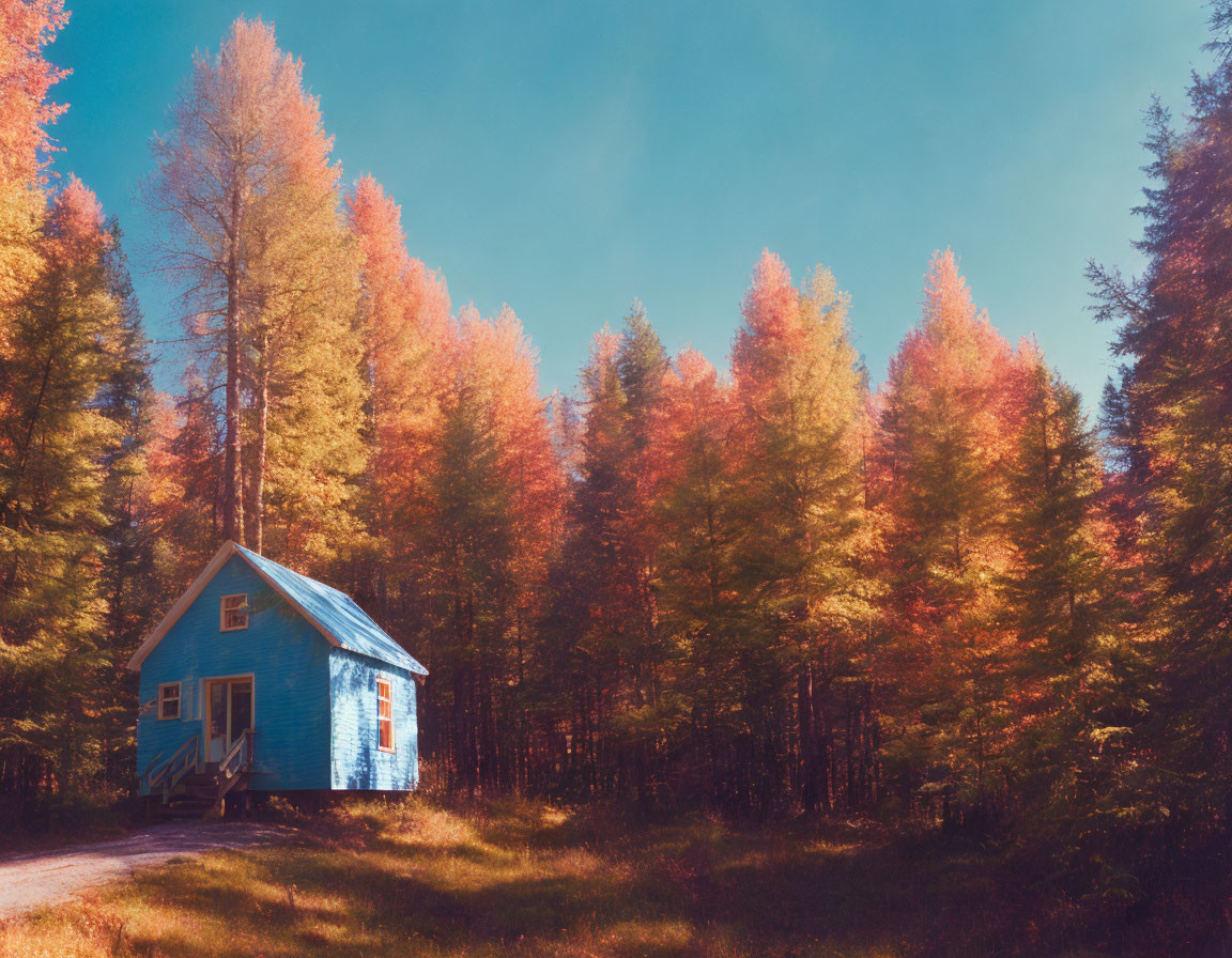 Blue Cabin in Autumn Forest with Vibrant Leaves