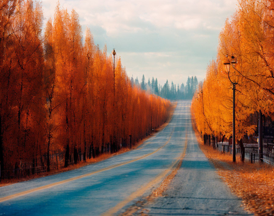 Tranquil autumn road with vibrant orange trees