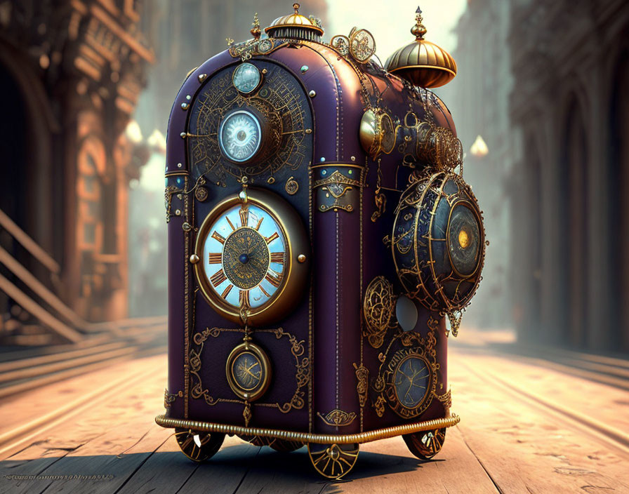 Steampunk-style mechanical clock with celestial motifs and intricate gears on wooden floor.