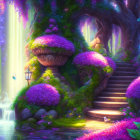 Enchanted forest scene with moss-covered stairway and vibrant purple flowers