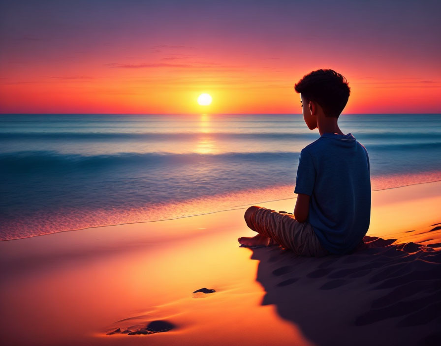 Person sitting on sandy beach at sunset overlooking calm ocean horizon under orange sky