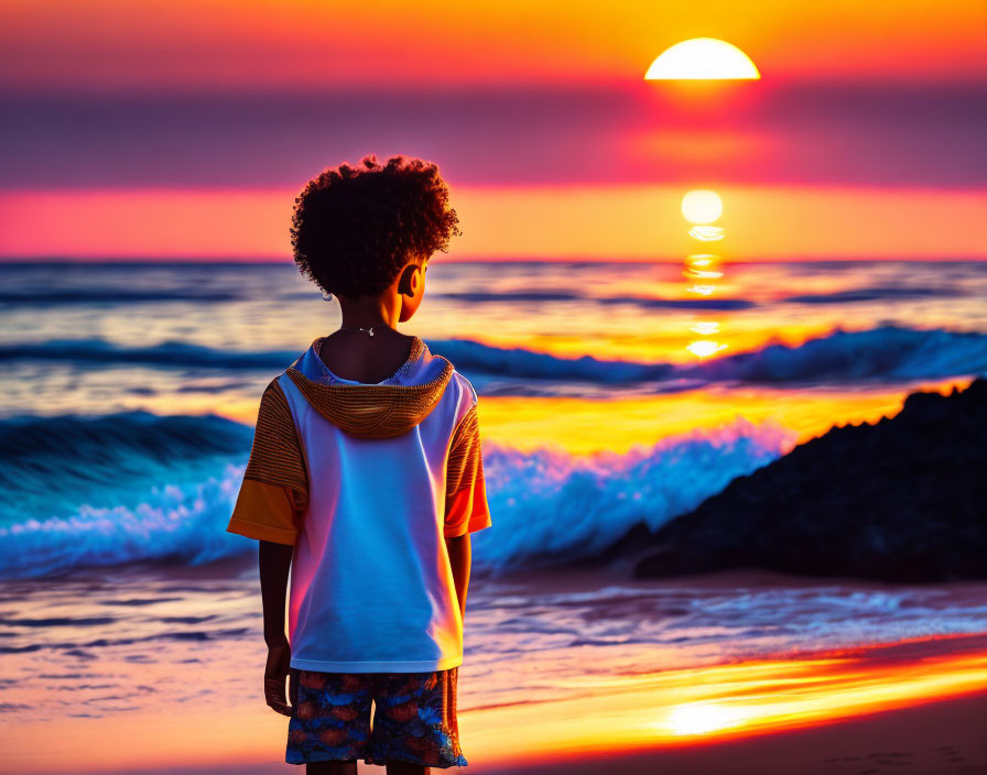 Child on Beach at Sunset: Orange and Purple Sky