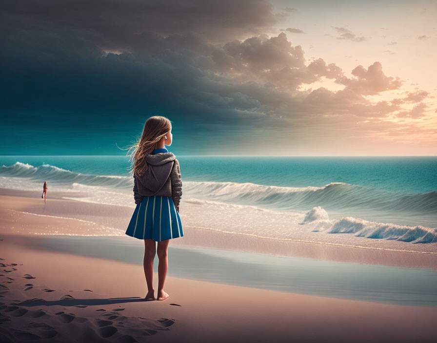 Girl in Blue Skirt and Jacket on Beach Watching Waves and Figure under Dramatic Sky