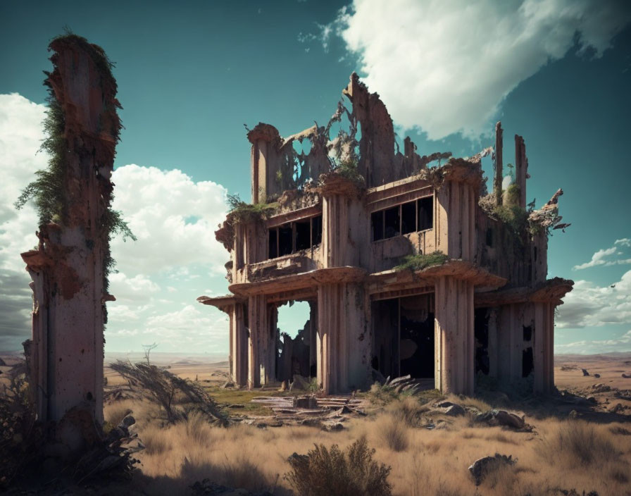 Dilapidated abandoned building in desert landscape with dramatic sky