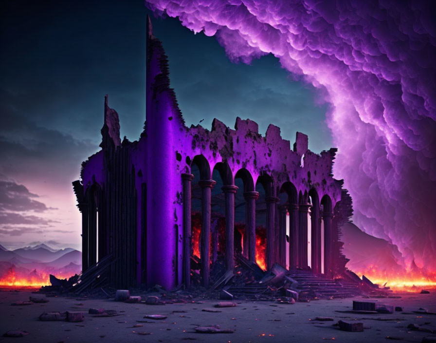 Gothic ruins with columns in purple sky and fires.