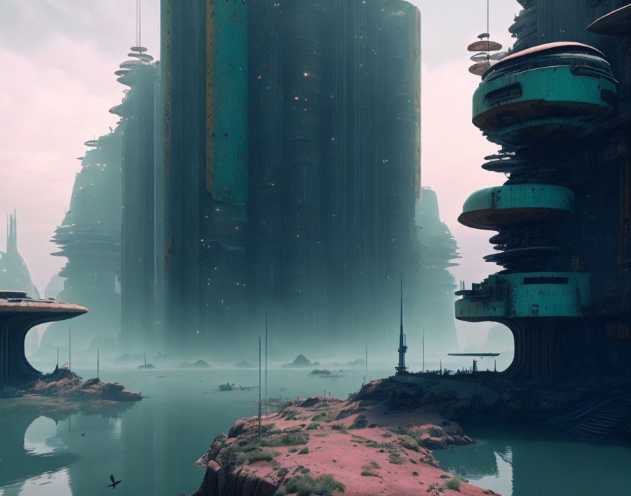 Futuristic cityscape with towering structures and serene water view