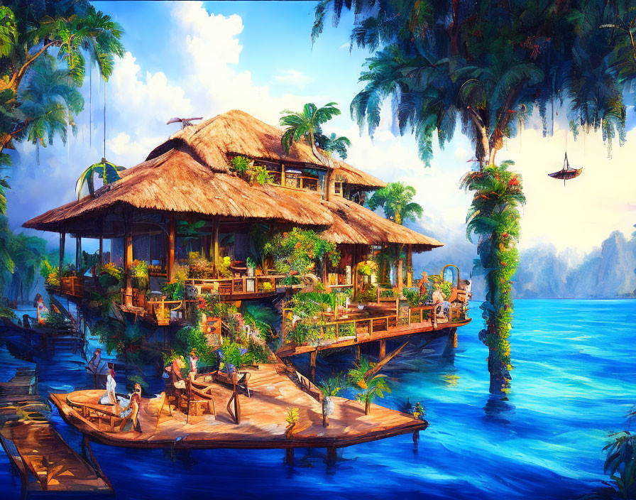 Tropical Thatched-Roof Villa on Pier with Palm Trees and Blue Water