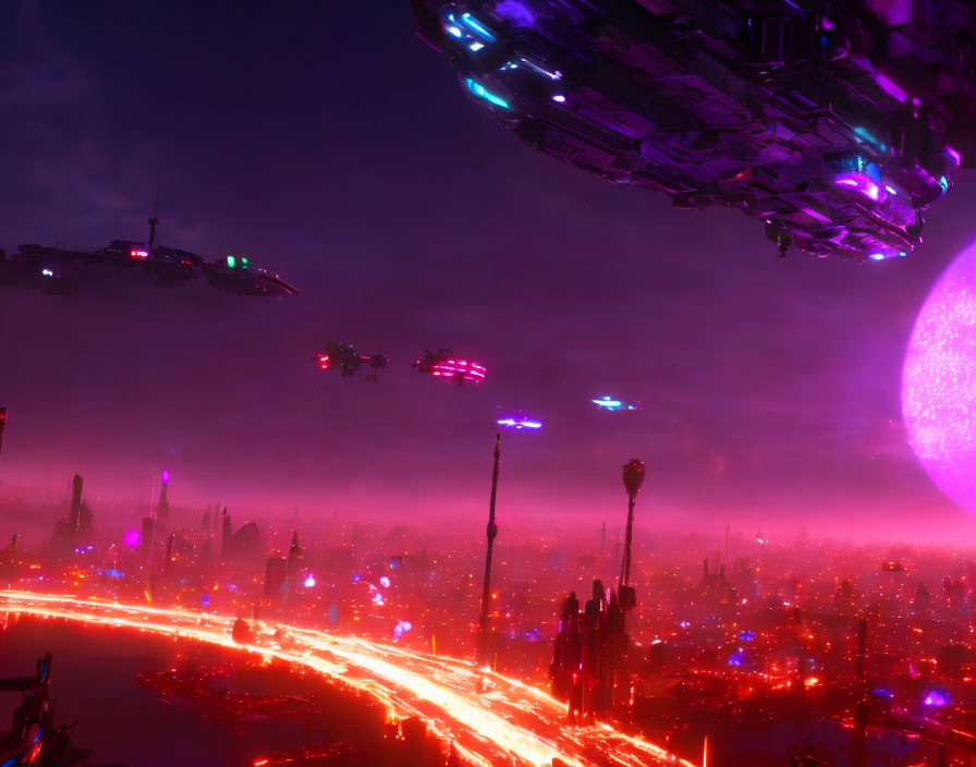 Futuristic neon-lit cityscape with purple sky and flying ships