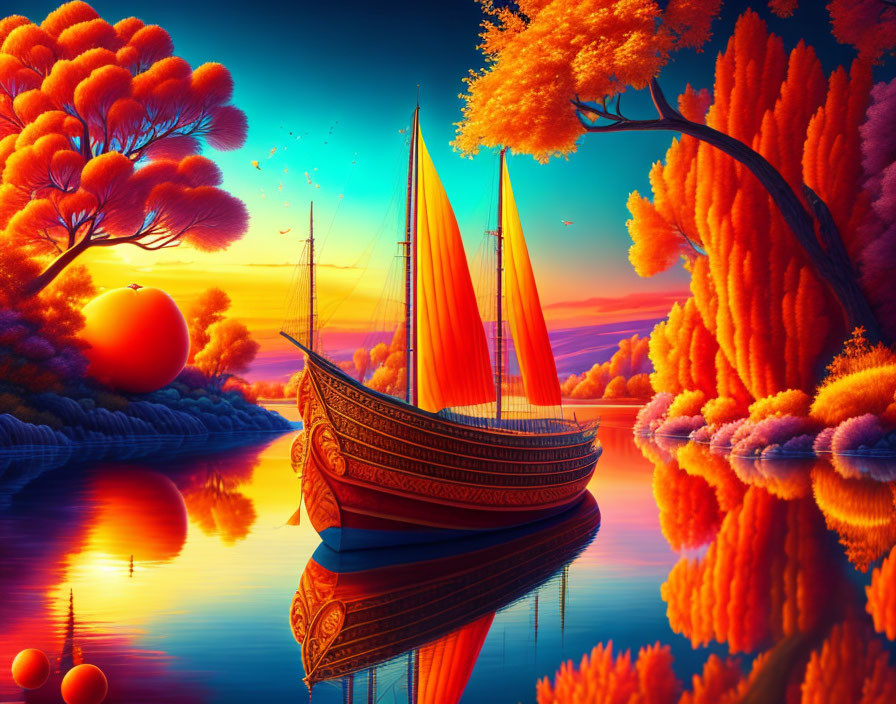 Colorful digital artwork of sailboats on water at sunset