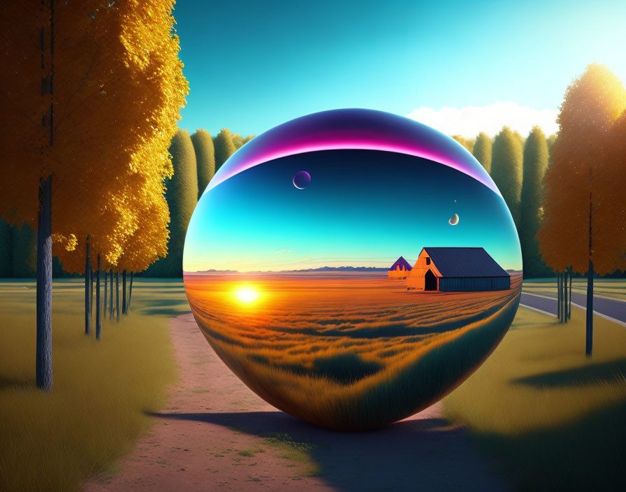 Reflective sphere distorts sunset, house, and trees in landscape.