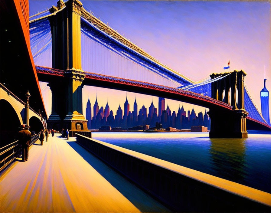 Stylized image: Brooklyn Bridge, blue river, NYC skyline silhouette at dusk