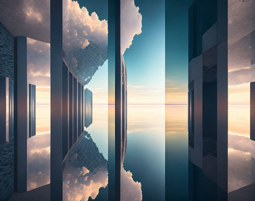 Surreal sunset scene with mirrored clouds in geometric shapes