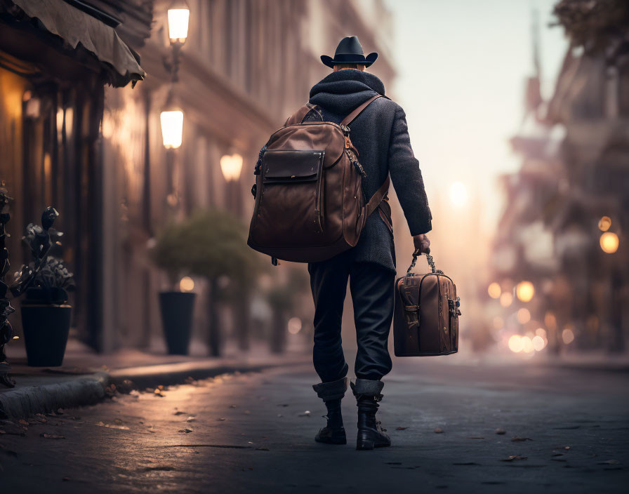 Person in Hat and Coat with Leather Backpack and Briefcase on Misty Urban Street at Twilight